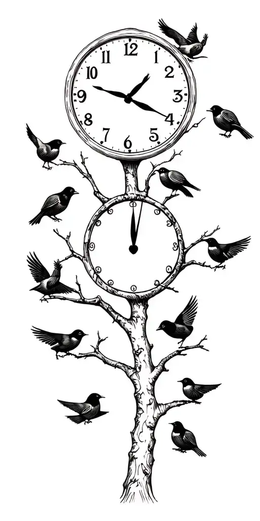 Tree And Clock And 2 Adult Birds And 3 Baby Birds