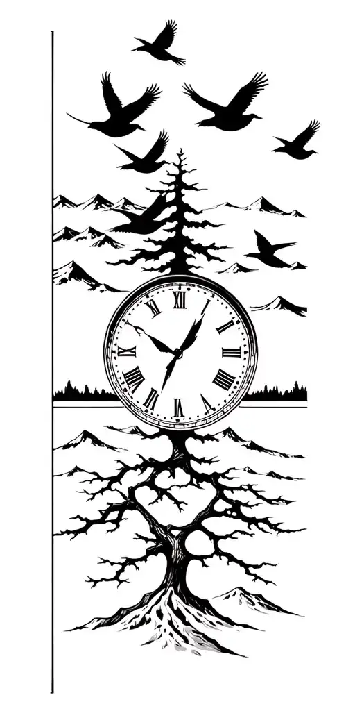 Moutains Tree Clock Birds Flying