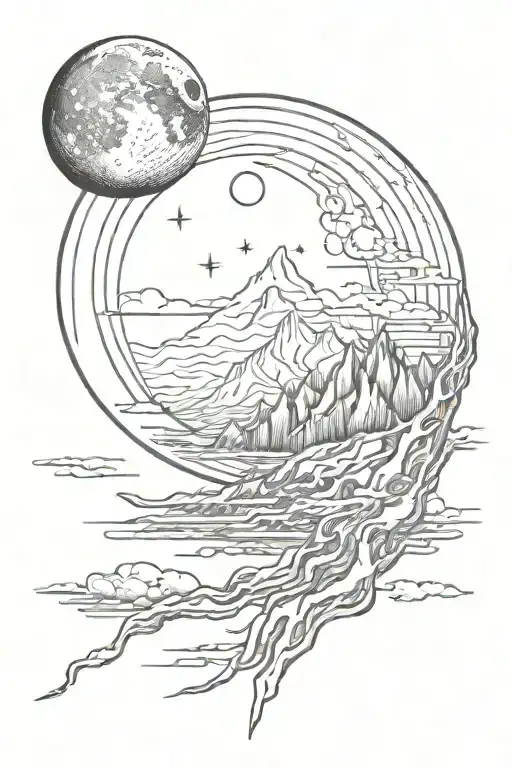 Moon And Mauntain With Long Straight Lines Above And Below