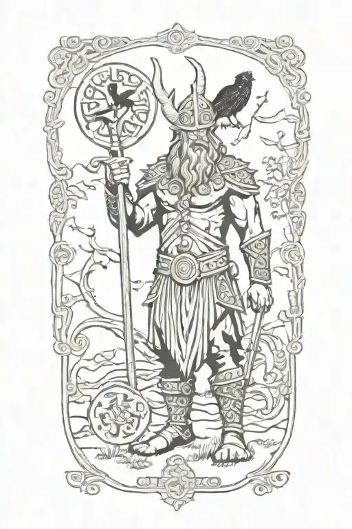 Viking Infront Of Yggdrasil Woth Nordic Symbols And Two Crows