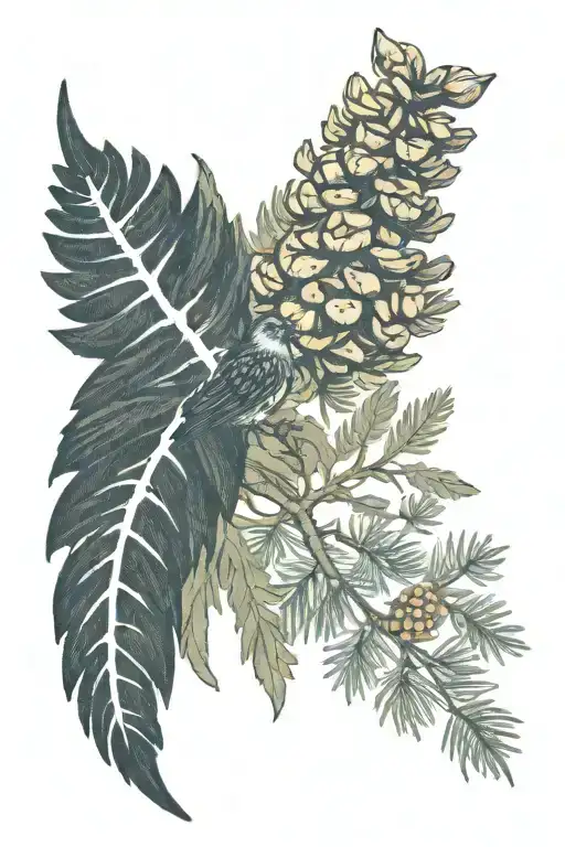 I Want A Pine Cone With Fir Branches In The Background With A Crow