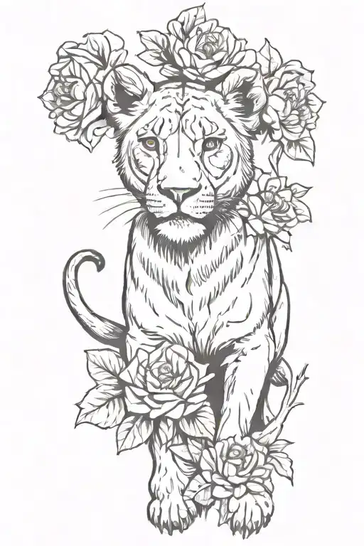 Lioness Woman Arm 1 Lion Cub And Flowers