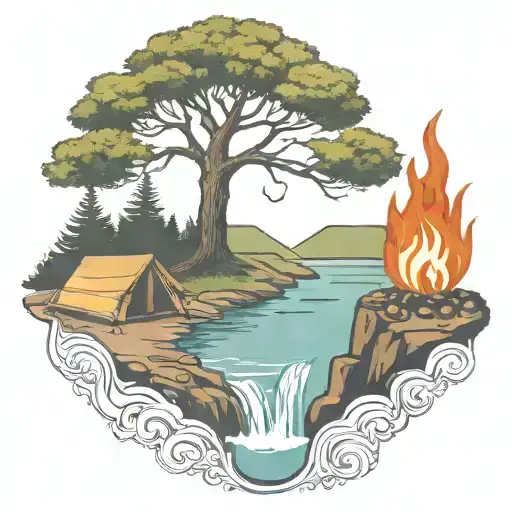 A Rowan Berry Tree And A Campfire Beside A River Waterfalling Down The Front